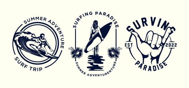 illustrazioni stock, clip art, cartoni animati e icone di tendenza di set monocromatico con logo da surf vintage - surf
