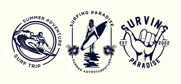 Vintage surfing logo monochrome set