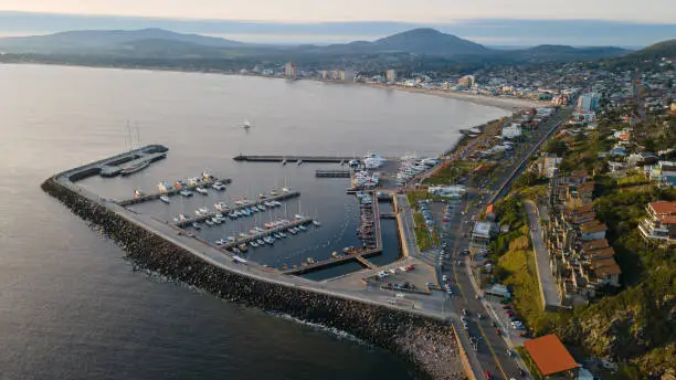 Aerial view of the Port of Piriapolis, in the resort of the same name, in the department of Maldonado, Uruguay.