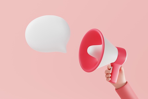 Hand holding megaphone with chat bubble on pink background. Public announcement, promotion concept. 3d rendering