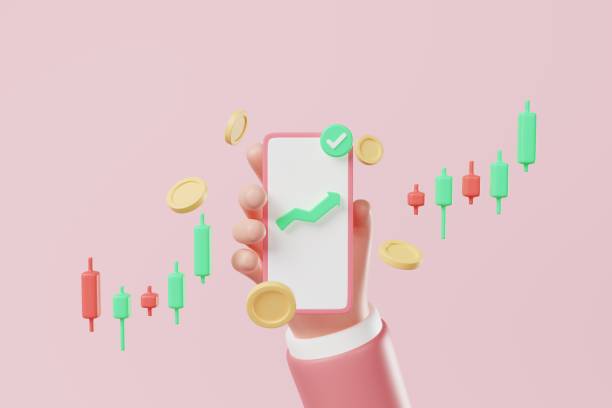 istock Hand holding smartphone with graph coins on and increasing arrow on pink background. Crypto or stock investment concept. 3d rendering 1409595557