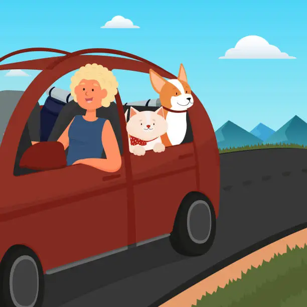 Vector illustration of Traveling with pets by car. Tourist with a pet on vacation