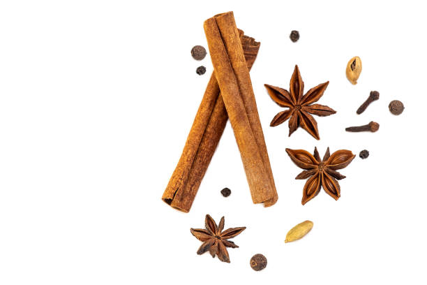 spice isolate. a set of spices for mulled wine. anise, cinnamon and cloves on a white table. spices for making a winter drink on a white background - cinnamon imagens e fotografias de stock