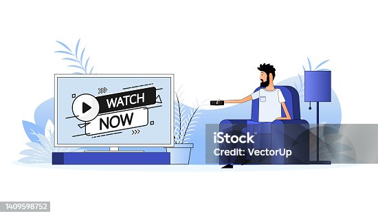istock Man sits on the couch, they switch the channel on the TV - Watch now 1409598752