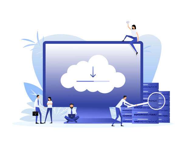 illustrazioni stock, clip art, cartoni animati e icone di tendenza di icona con le persone che scaricano nel cloud. gestione dei file. illustrazione vettoriale design digitale - 7292