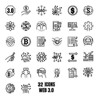 Web3 or Web 3.0 vector icon set. Contains symbols such as defi, token, decentralisation, marketplace.