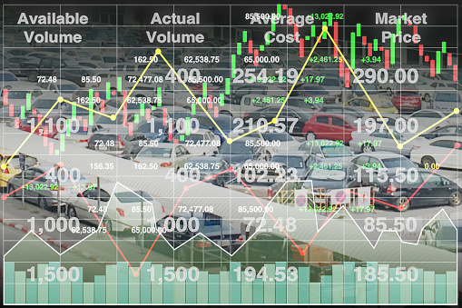 Illustration stock financial show growth index data of energy consumption cost growth by cars with graph, chart and candlesticks on blurry image of cars for business and industry presentation background.