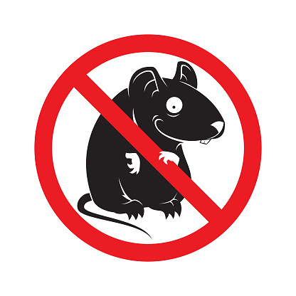 Stylized rat or mouse silhouette in prohibitted sign - pest control vector emblem