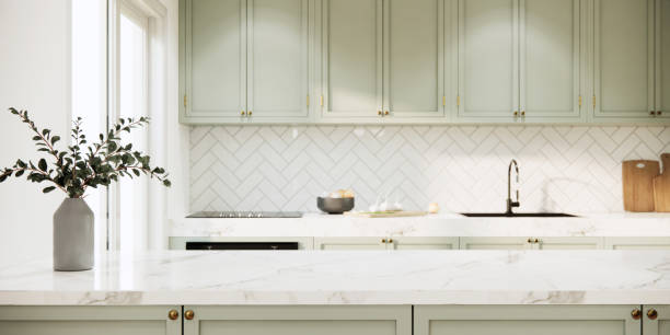 istock 3d rendering kitchen room interior design and decoration in modern style built in marble island countertop and light green cabinets 1409606616