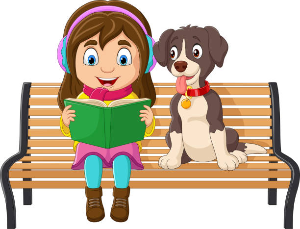 漫画の小さな女の子が座って、彼女の犬と一緒に公園のベンチで本を読んでいる - dog school audio点のイラスト素材／クリップアート素材／マンガ素材／アイコン素材
