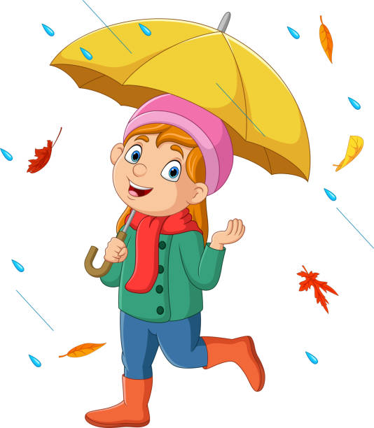 cartoon kleines mädchen hält regenschirm im regen und fallen herbstlaub - rain cute falling water raindrop stock-grafiken, -clipart, -cartoons und -symbole