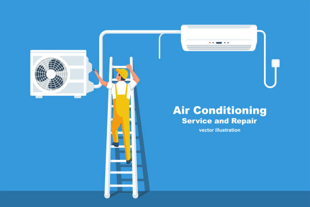 Air conditioning service landing page. Installation of air conditioner. Air conditioning service landing page. Installation of air conditioner. Repairman character installing cold ventilation. Repair climate control. Vector illustration flat design. Isolated background. competition heat stock illustrations