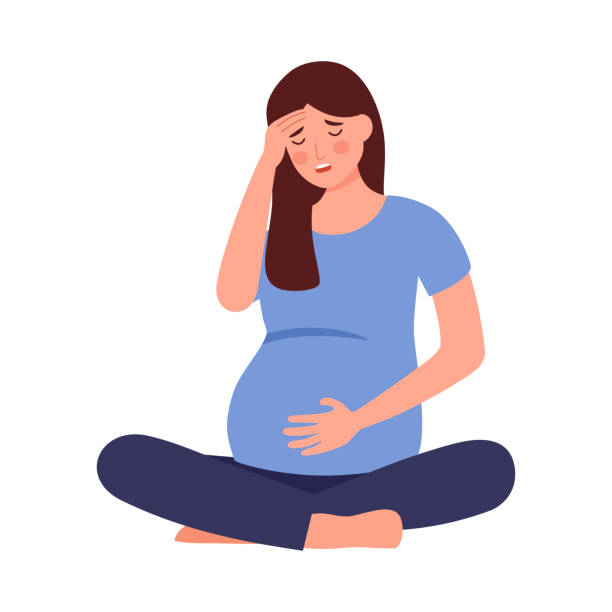 Pregnant woman suffering from headache, stress and nausea sickness in flat design on white background. vector art illustration