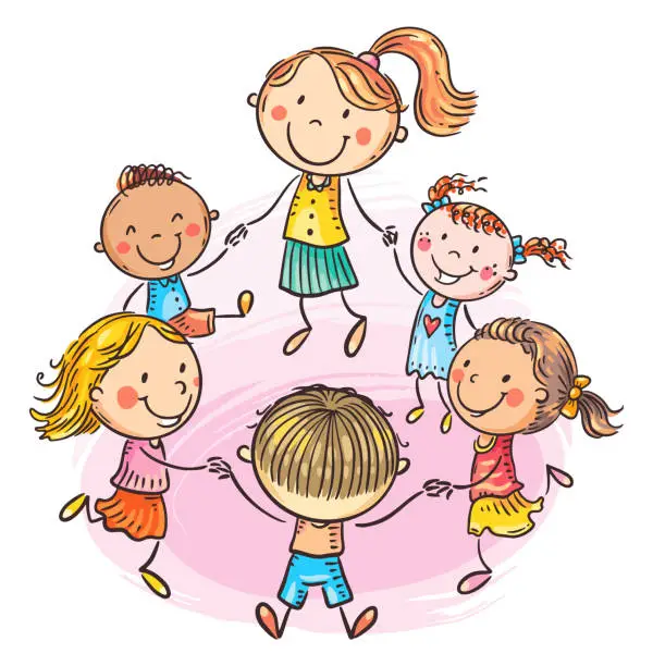 Vector illustration of Happy children with their teacher dancing together, hand drawn cartoon clipart vector illustration