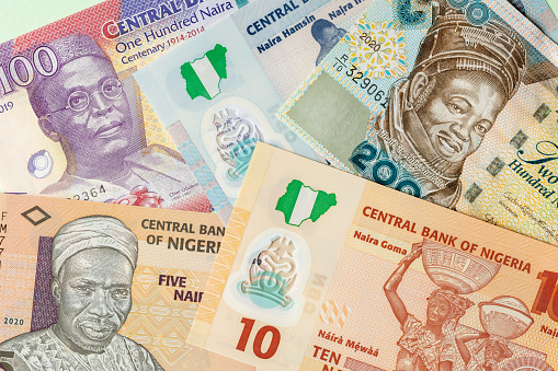 Nigeria currency, Naira paper banknotes, Creative business and finance concept, flat lay