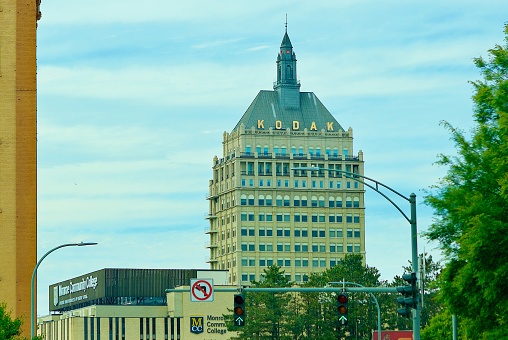 Rochester, New York, USA - June 13, 2022: The Eastman Kodak building looms over downtown Rochester on an overcast summer afternoon.