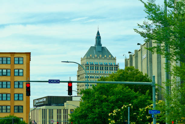Rochester, New York, USA - June 13, 2022: The Eastman Kodak building looms over downtown Rochester on an overcast summer afternoon.
