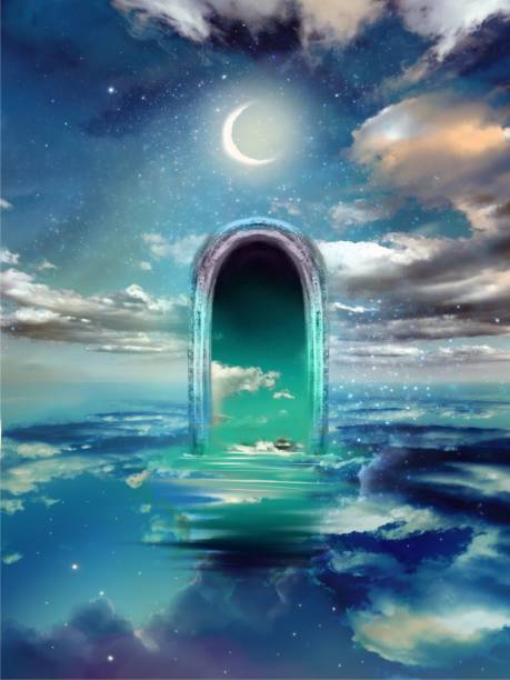 istock Illustrations of a crescent moon shining against a fantastic background, stars, a drifting sea of clouds reflecting and rippling on the surface of the water, and a mysterious gate floating in the middle of it. 1409612035