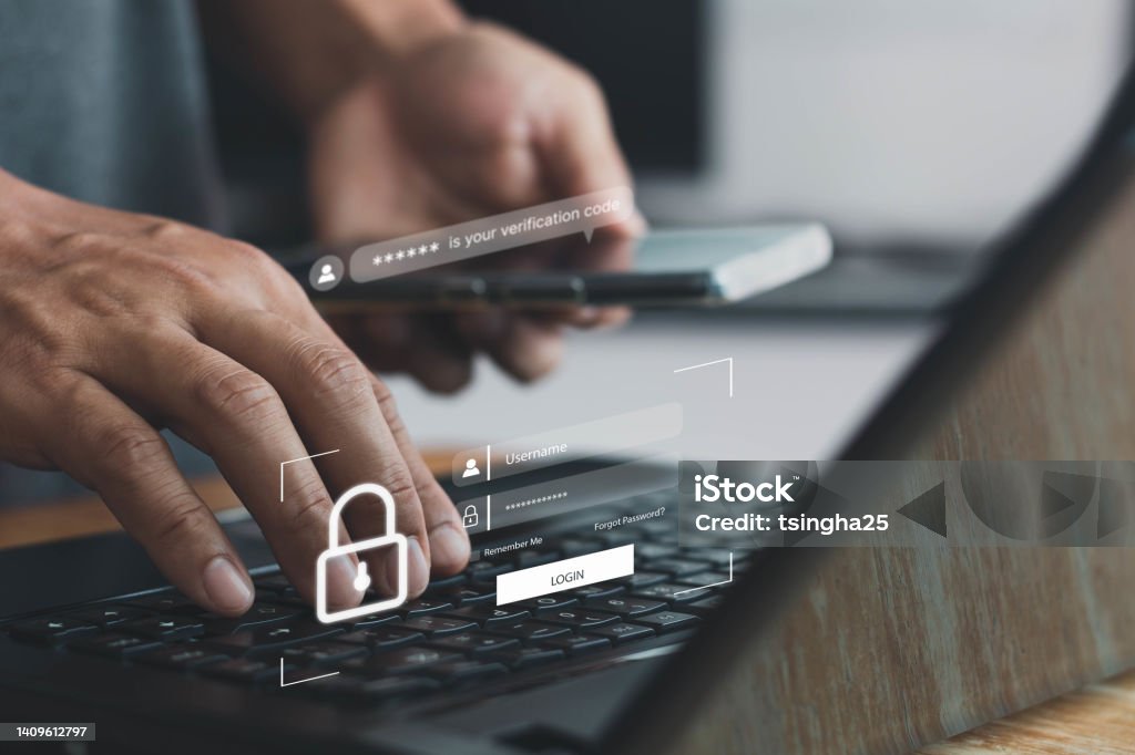 Concept of cyber security in two-step verification, multi-factor authentication, information security, encryption, secure access to user's personal information, secure Internet access, cybersecurity. Digital Authentication Stock Photo