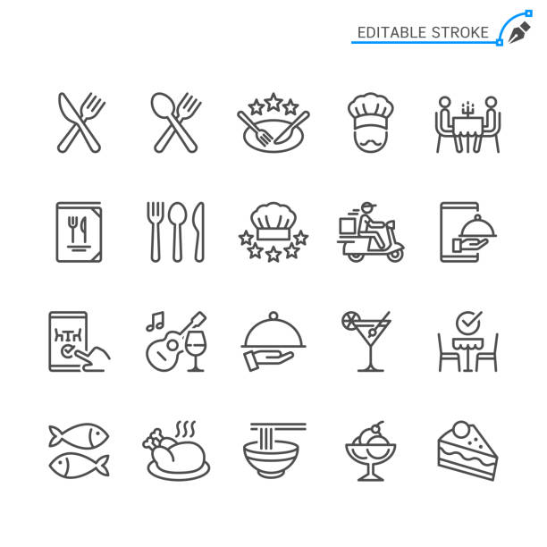 symbole der restaurantlinie. bearbeitbarer strich. pixel perfekt. - küchenmesser stock-grafiken, -clipart, -cartoons und -symbole