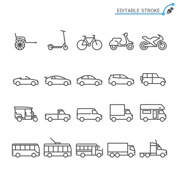 ilustraciones, imágenes clip art, dibujos animados e iconos de stock de iconos de la línea de transporte. movimiento editable. pixel perfecto. - tipo de transporte