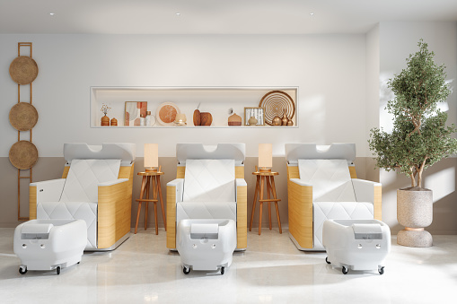 Beauty Salon Interior With Manicure Pedicure Chairs And Potted Plant