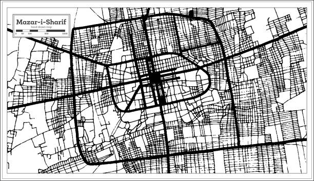 mazar-i-sharif afghanistan stadtplan in schwarz und weiß farbe im retro-stil. gliederungskarte. - mazar stock-grafiken, -clipart, -cartoons und -symbole