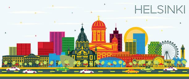 helsinki finnland city skyline mit farbengebäuden und blauem himmel. - helsinki stock-grafiken, -clipart, -cartoons und -symbole