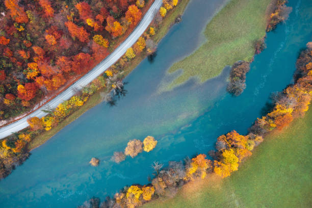 istock Aerial View On Idyllic Country Road By The River 1409615550