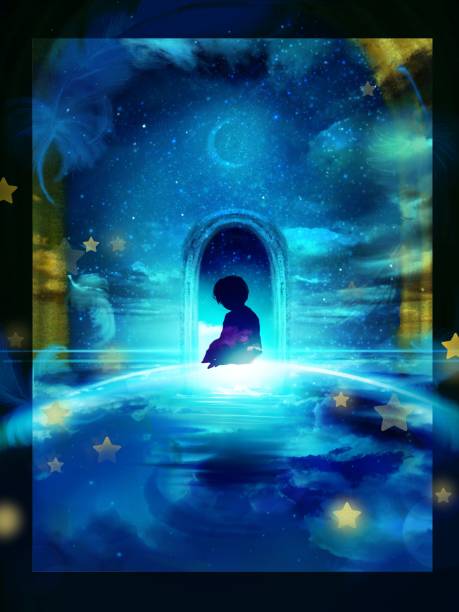 istock This silhouette illustration of a deceased boy stands in front of a mysterious gate in the center of the screen against a fantastic background of a crescent moon shining on the water, stars, and a beautiful night sky. 1409616685