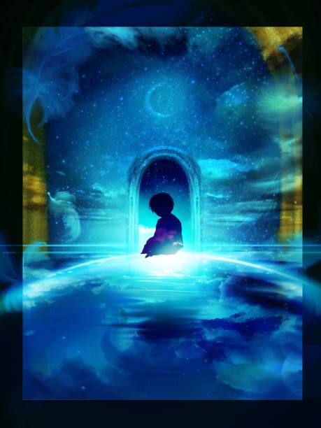 istock This silhouette illustration of a deceased boy stands in front of a mysterious gate in the center of the screen against a fantastic background of a crescent moon shining on the water, stars, and a beautiful night sky. 1409616689