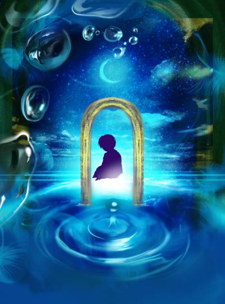 istock This silhouette illustration of a deceased boy stands in front of a mysterious gate in the center of the screen against a fantastic background of a crescent moon shining on the water, stars, and a beautiful night sky. 1409616694