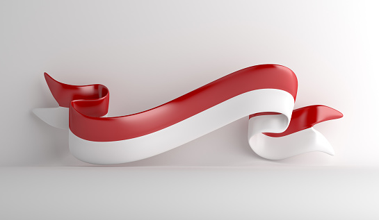 Indonesia independence day decoration background with ribbon waving flag, copy space text, 3D rendering illustration