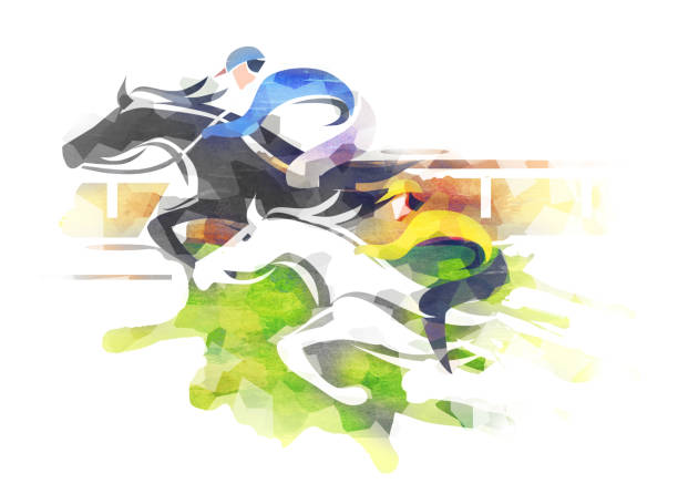Horse racing, competition, jockeys running action. Eexpressive Illustration of two jumping horses with Jockeys at Full Speed. Imitation of watercolor painting. wrexham stock illustrations