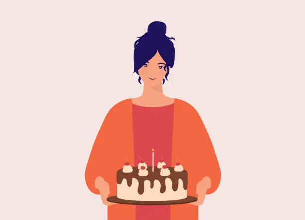 Vector illustration of Young Woman Holding A Chocolate Birthday Cake.