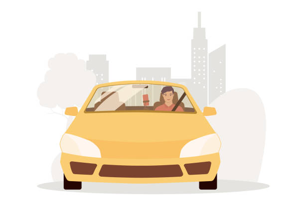 Male Driver Driving His Car On Road. One Smiling Male Driver With Mobile Phone Driving His Yellow Car On Road In The City. Isolated On White Color Background. uber driver stock illustrations