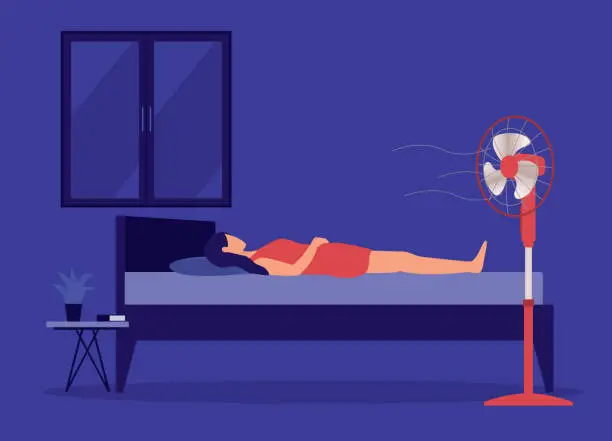 Vector illustration of Woman Sleeping On Bed While Having Electric Fan Blowing Directly On Her.