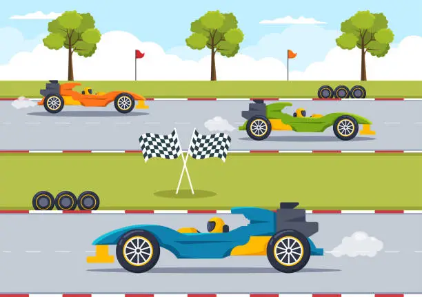 Vector illustration of Formula Racing Sport Car Reach on Race Circuit the Finish Line Cartoon Illustration to Win the Championship in Flat Style Design
