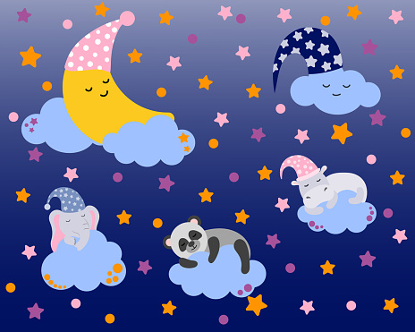 Sweet moon and baby elephant are sleeping in the clouds. Cartoon character for invitation, print and greeting card. Lullaby theme. Children's background with moon, stars, clouds. Vector illustration