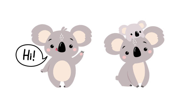 illustrazioni stock, clip art, cartoni animati e icone di tendenza di adorabile koala arboreal animale australiano con orecchie rotonde che dicono ciao zampa ondulata e trasporto set vettoriale per bambini - koala australian culture cartoon animal