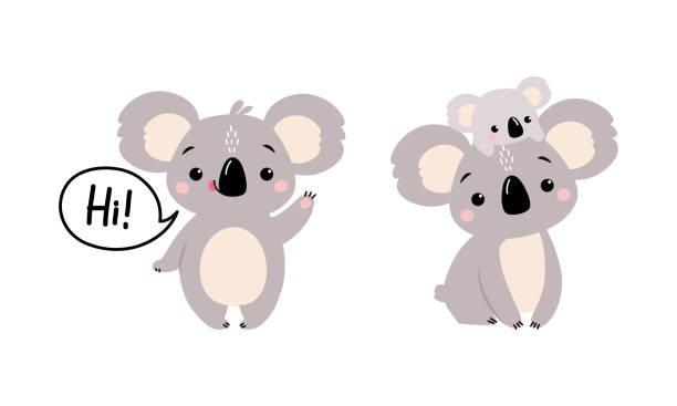 urocze koala nadrzewne australijskie zwierzę z okrągłymi uszami mówiące cześć machająca łapa i niosąca zestaw wektorowy dla dzieci - koala stock illustrations