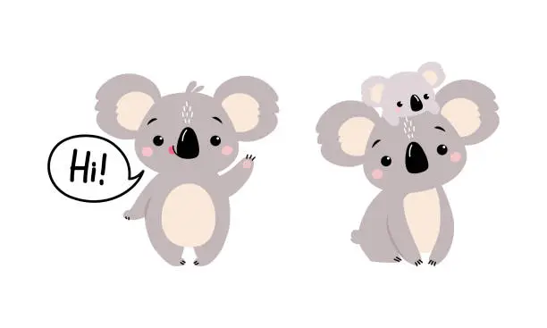 Vector illustration of Adorable Koala Arboreal Australian Animal with Round Ears Saying Hi Waving Paw and Carrying Baby Vector Set