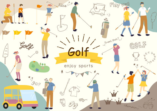 illustrazioni stock, clip art, cartoni animati e icone di tendenza di illustrazione del set di icone del golf e golfista - golf golf club golf course teeing off