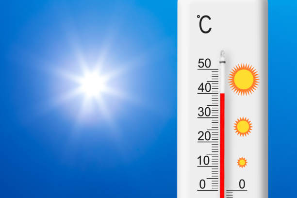 istock Celsius scale thermometer shows plus 40 degrees . Yellow sun in blue sky. Summer heat 1409627590