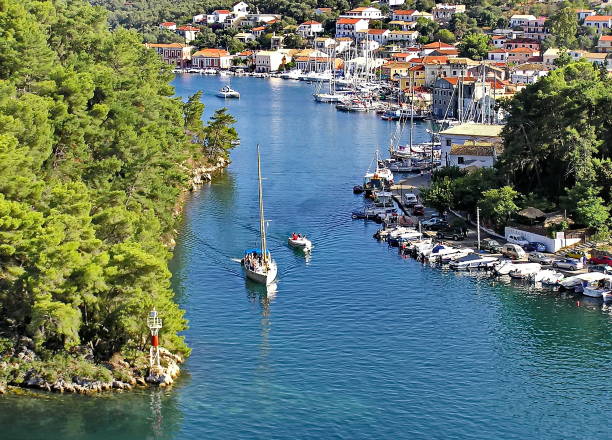 The picturesque Gaios harbor from above, Paxos Island, Greece stock photo