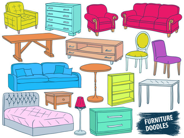 ilustrações, clipart, desenhos animados e ícones de rabiscos de móveis definem esboço de coleção de home design de interiores moderno - office chair chair furniture scribble