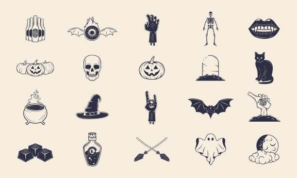 ilustraciones, imágenes clip art, dibujos animados e iconos de stock de conjunto de 20 iconos de halloween. pegatina de halloween. calabaza, calavera, labios de vampiro, murciélago, fantasma, esqueleto, bruja. estampado para camiseta. ilustración vectorial - witch halloween cauldron bat