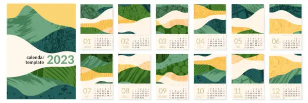 Vector illustration of 2023 calendar template with abstract green nature field landscape. Simple eco environment background. Calendar design concept with agriculture theme. Set of 12 months 2023 pages. Vector illustration