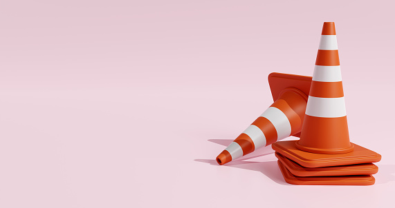 3D traffic cones for caution and under construction concept on pastel background, 3D illustration