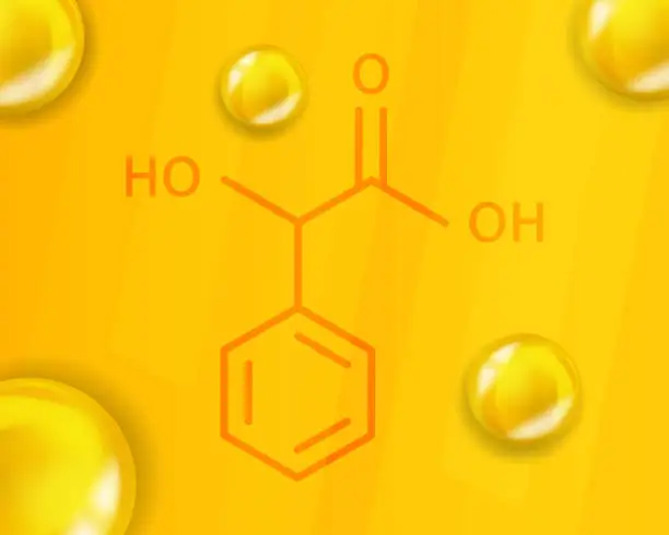Vector illustration of Mandelic acid chemical formula. Mandelic acid 3D Realistic chemical molecular structure